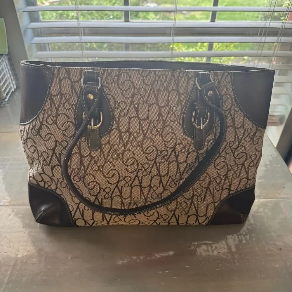 New York & Company Tan Brown Monogram Print Shoulder Tote Bag Purse
